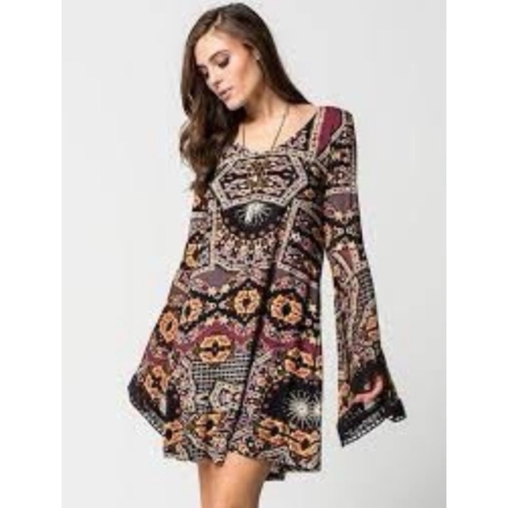 Altar'd State Aztec print dress bohemian boho long bell sleeve Small autumn mini